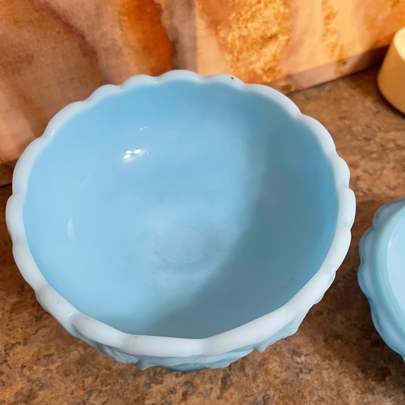 Fenton Water Lily Milk Glass, Blue Satin Custard Pedestal Candy Dish - Picture 9 of 15